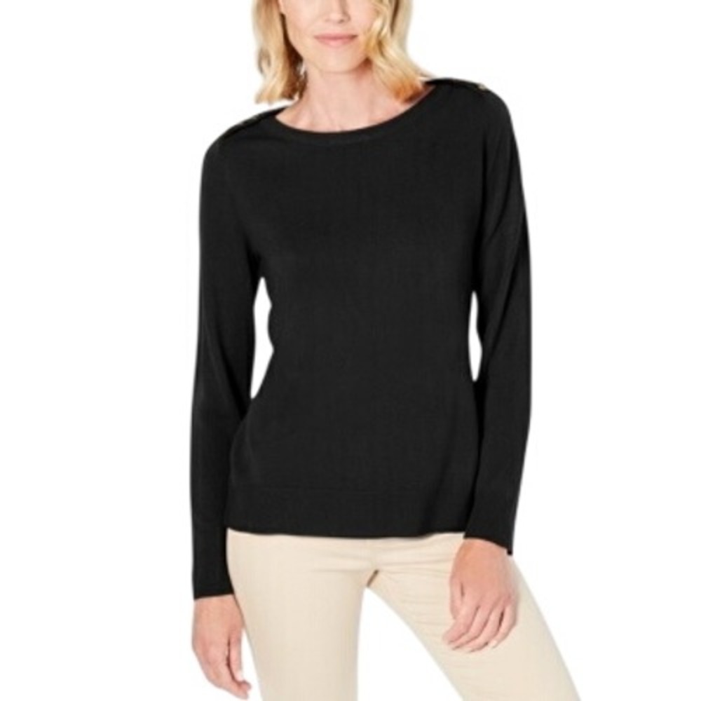470. Karen Scott Women's Button-Shoulder Sweater Black Size Small Knit Top